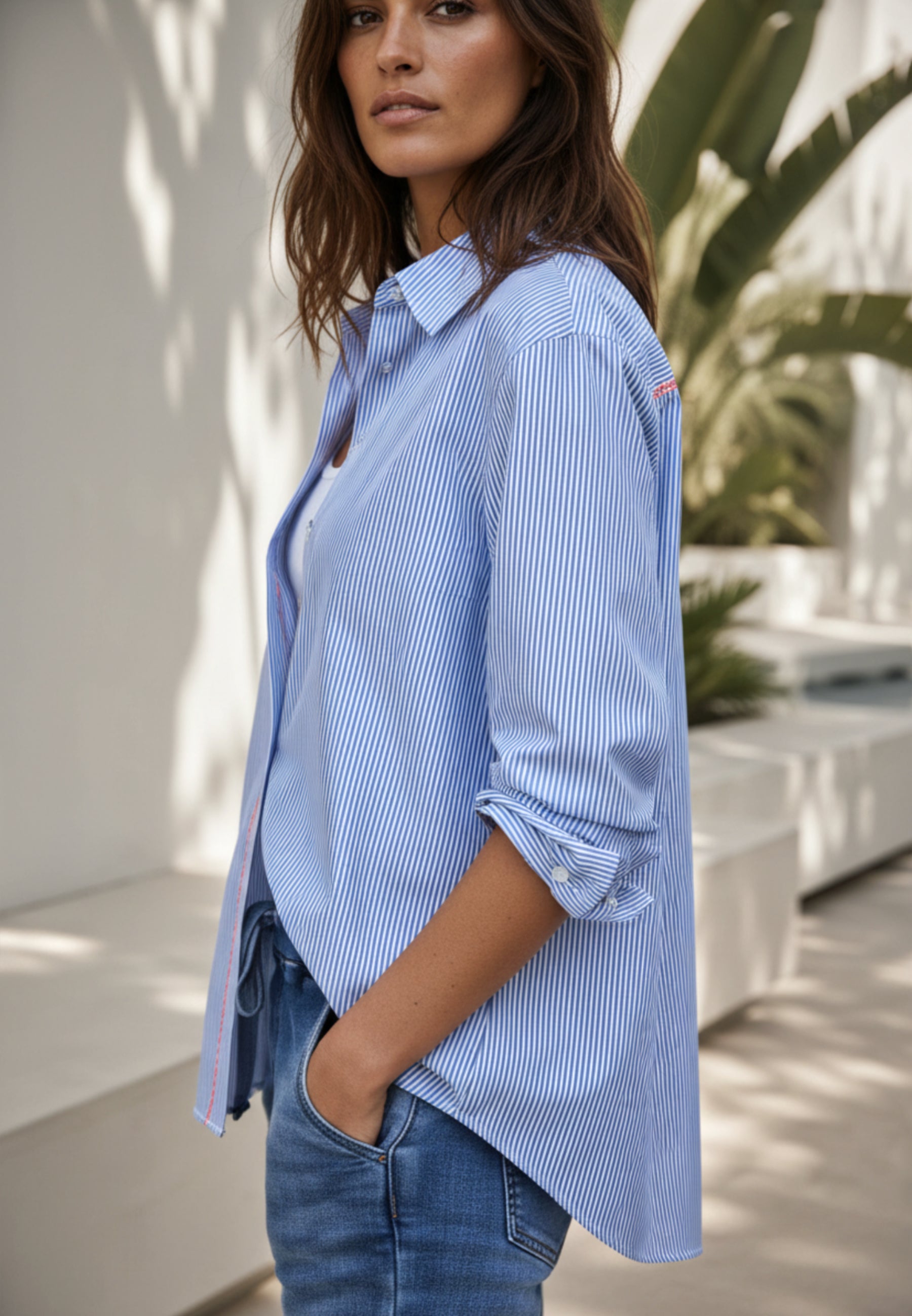 Streifenbluse BLUE EDGE aus reiner Baumwolle mit Stickerei